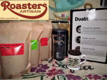 Grinder Gift   3 Bags of Fresh Coffee  Free Roasters Mug